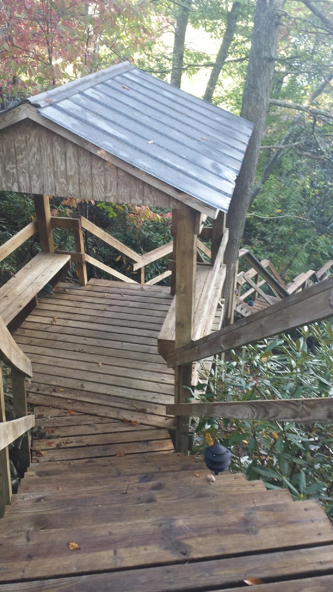 Metal roofed shelter over wooden steps on a wooded walkway — Skylight Repair & Installation work by our crew in Byron Center